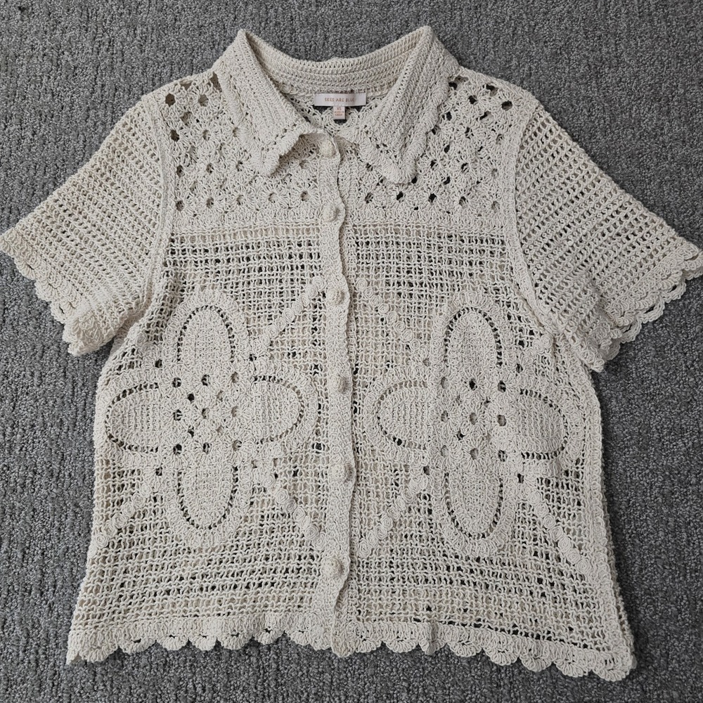 Skies Are Blue‎ Cream Crochet Floral Cardigan Top XS Cottagecore Boho Knit